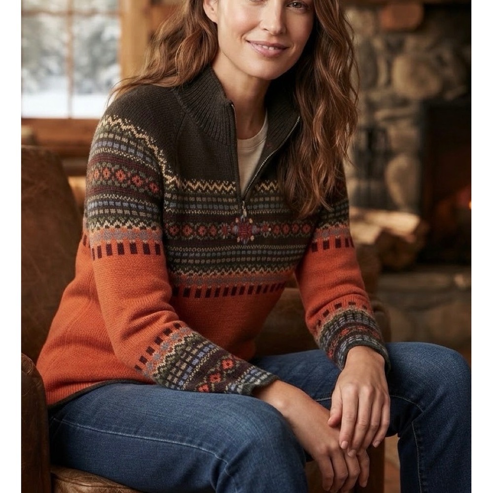 Eddie Bauer Vintage Fair Isle Embroidered Quarter Zip Sweater Orange Brown L
